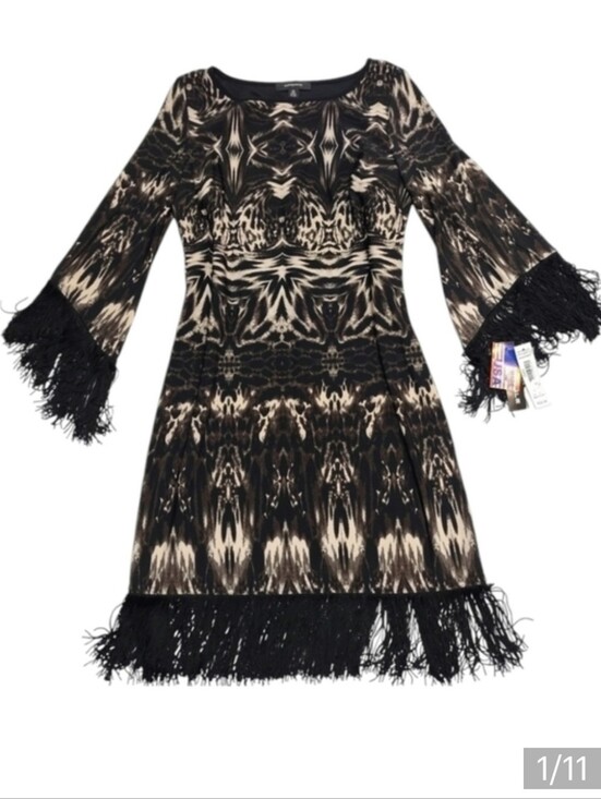 R&M Richards Dresses & Skirts - R&M Richards Black Brown White Fringe Dress Size 10 NWT